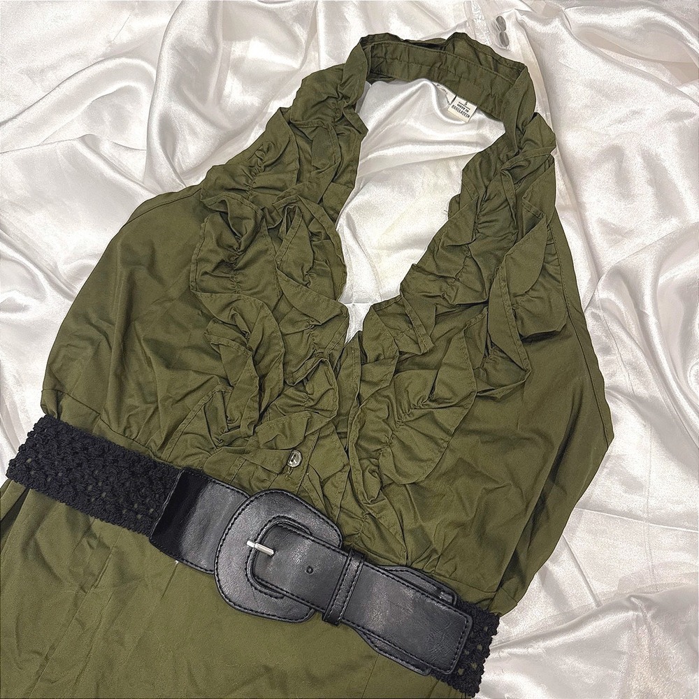 Olive Green Ruffle Halter Top with Black Belted Waist Size Small